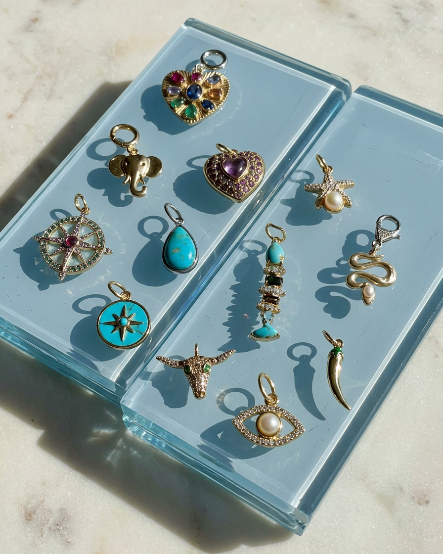 Collection of various jewelry pendants on a light blue display stand.