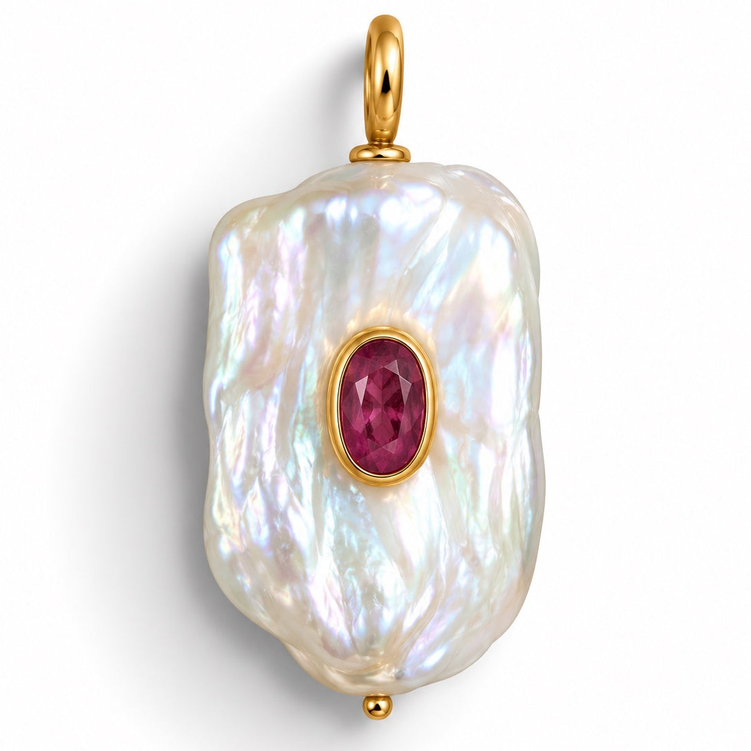 Freshwater Pearl with Garnet Inlay Charm Necklace
